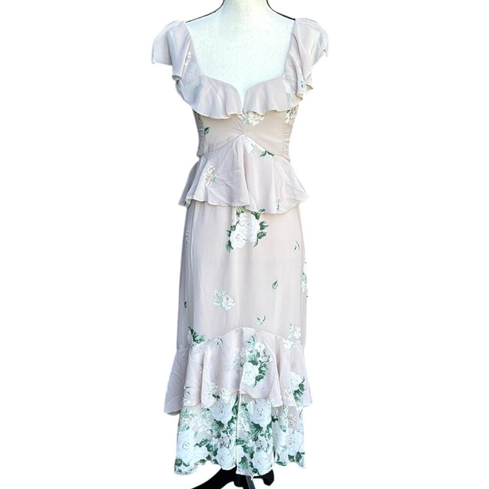 Show Me Your Mumu Reese Ruffle Midi Dress Small NWT Beige Floral Wedding Guest
